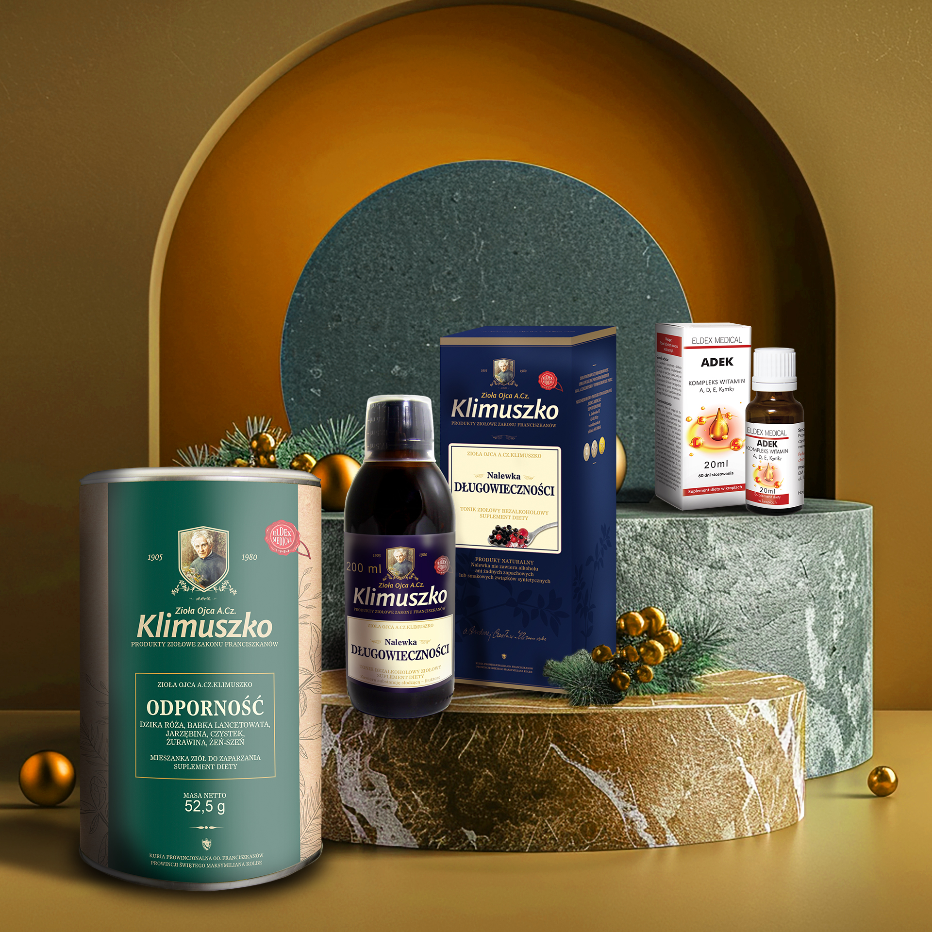 ZESTAW: Zimowy Rytuał Długowieczności - Nalewka długowieczności, Mieszanka ziołowa odporność | Witaminy ADEK