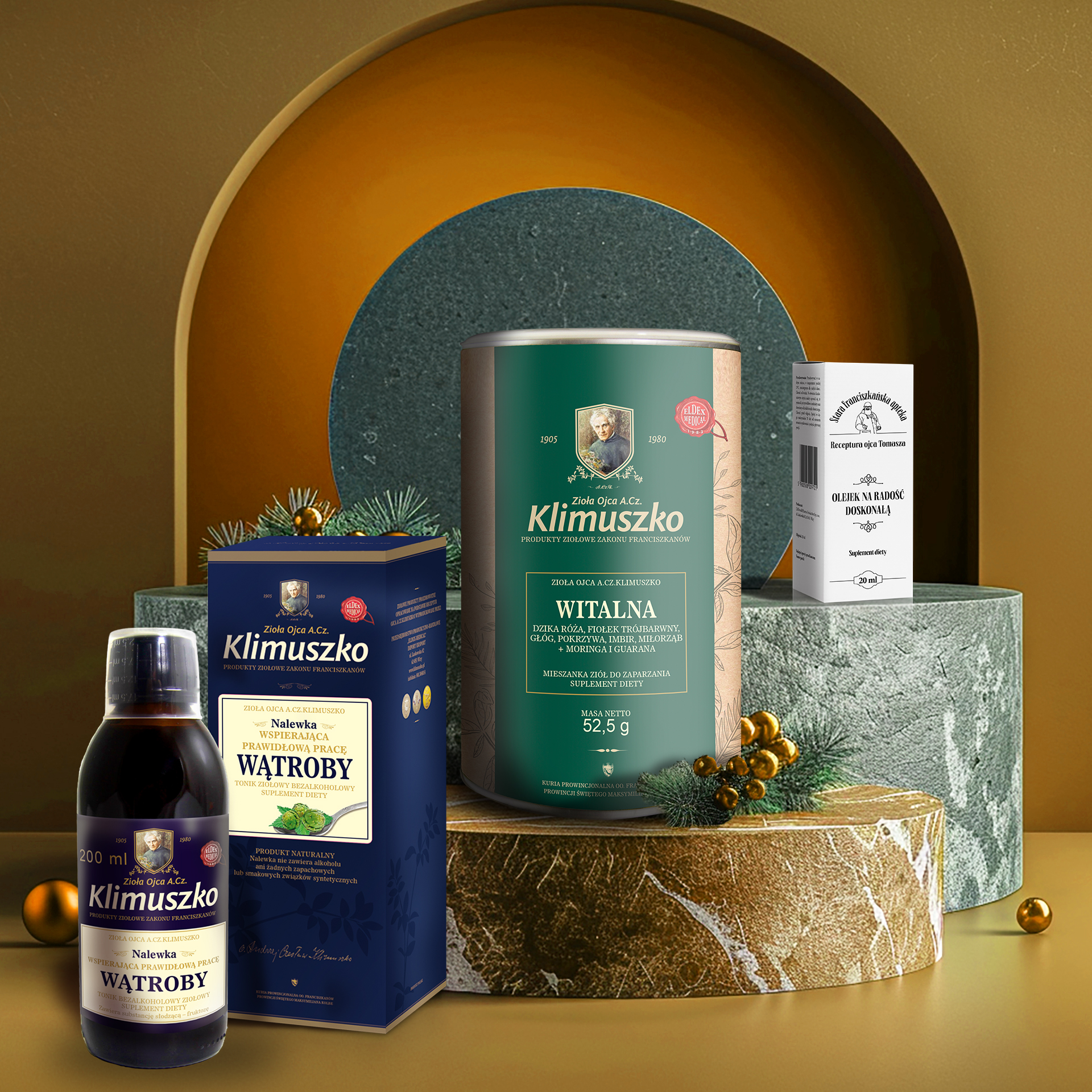 ZESTAW: Świąteczne Wsparcie dla Ciała i Umysłu - Olejek na radość doskonałą | Herbata witalna | Nalewka wspierająca prawidłowe funkcjonowanie wątroby
