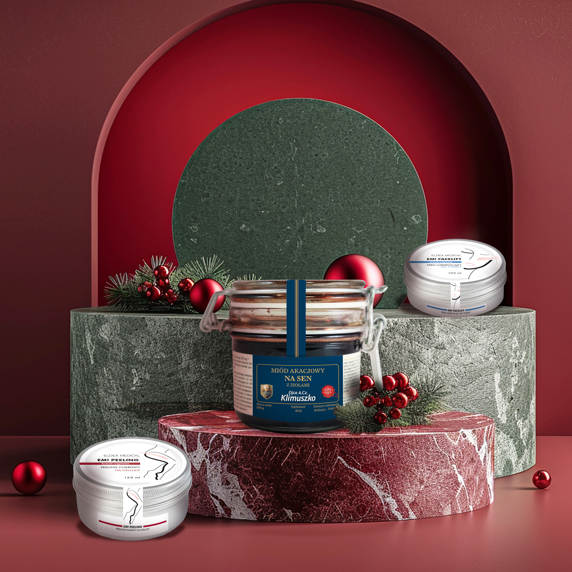ZESTAW: Zimowy Rytuał Piękna - EM peeling | Krem do twarzy EM | Miód wspierający prawidłowy sen